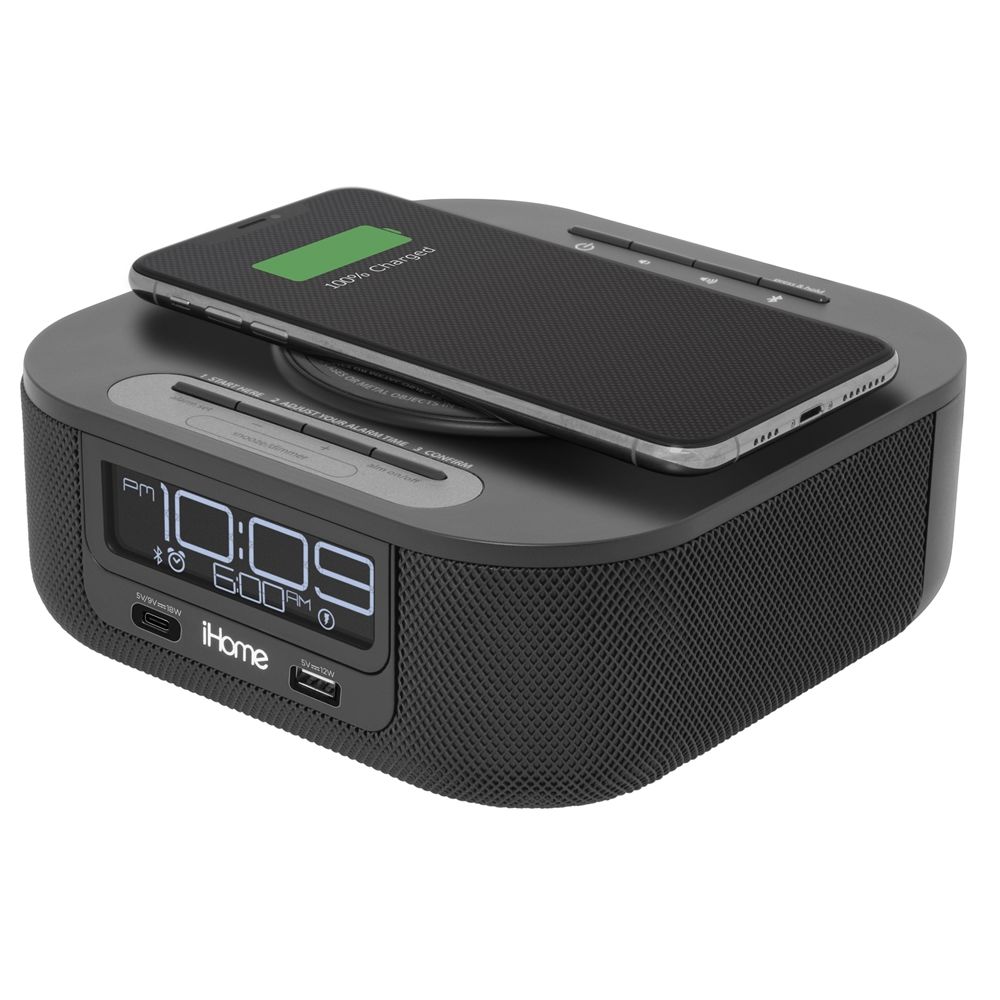 iHome HW5B EXV23 Bluetooth Alarm Clock with Qi Wireless Charging and 2 USB Ports, Black